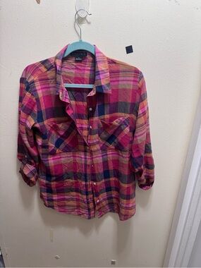 Sanctuary Plaid Button-Up in Pink, Navy & Mustard linen blend size small